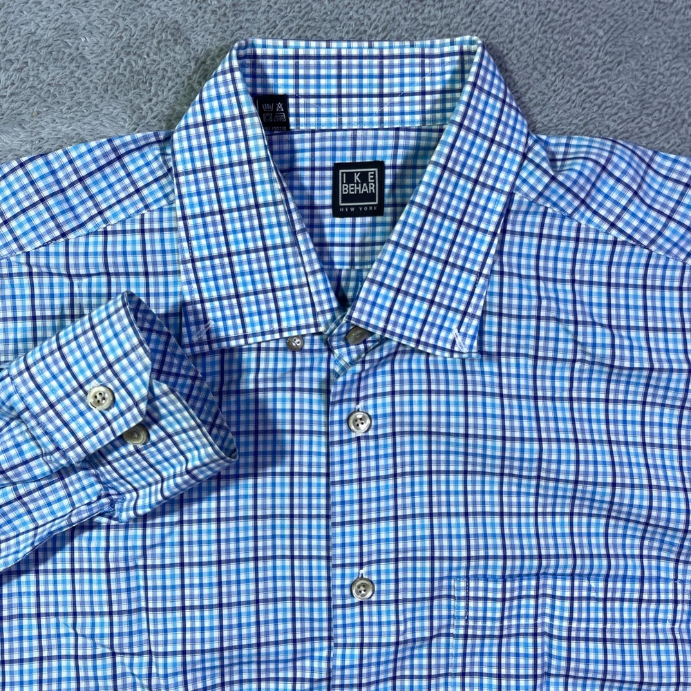 IKE BEHAR New York Mens Blue Plaid Dress Shirt Size XL 100 Cotton Button Down